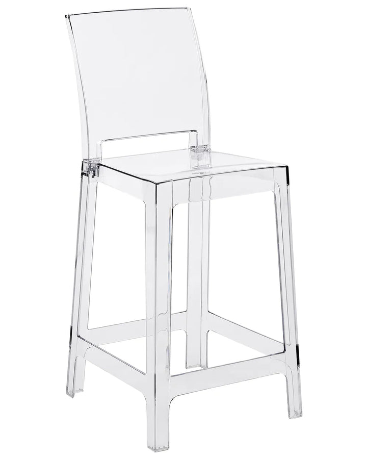 A modern transparent acrylic bar stool with a curved backrest, clear seat, and open frame legs, shown on a plain white background.