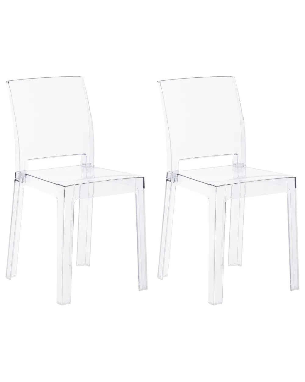 Two clear acrylic dining chairs shown side by side on a plain white background.
