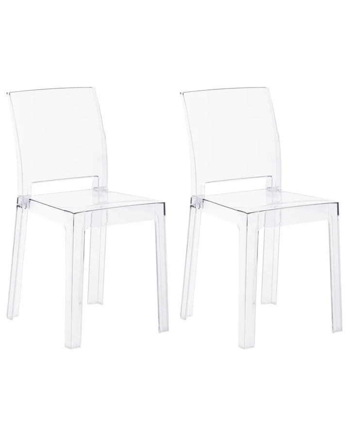 Two clear acrylic dining chairs shown side by side on a plain white background.