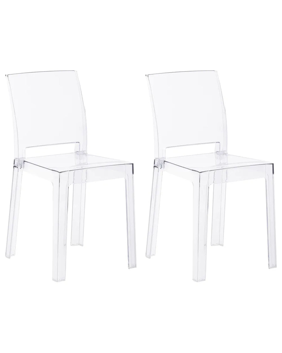 Two clear acrylic dining chairs shown side by side on a plain white background.