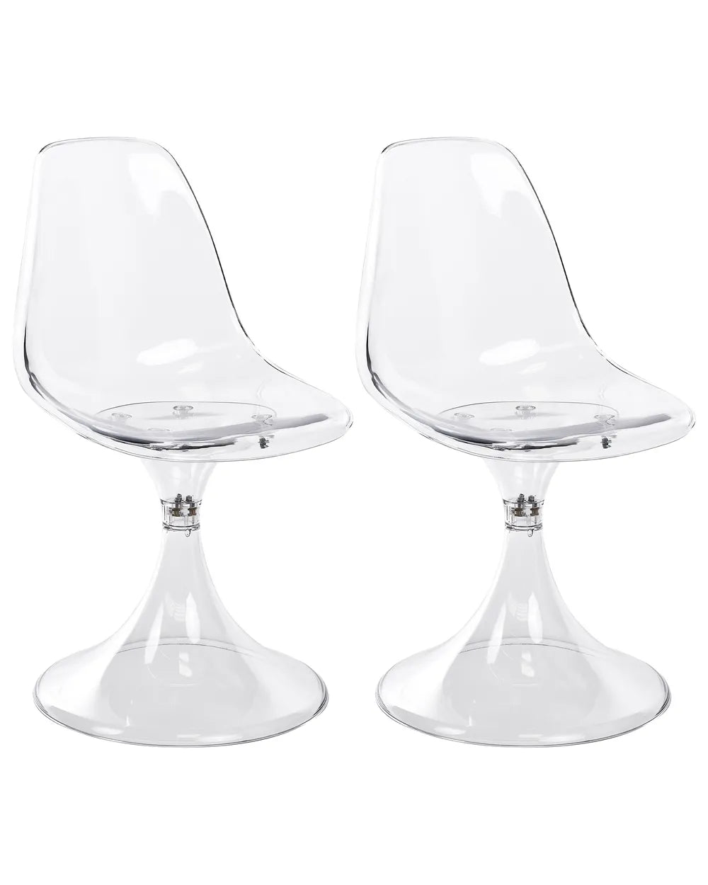 Two clear plastic swivel dining chairs with tulip-style bases, shown side by side on a white background.