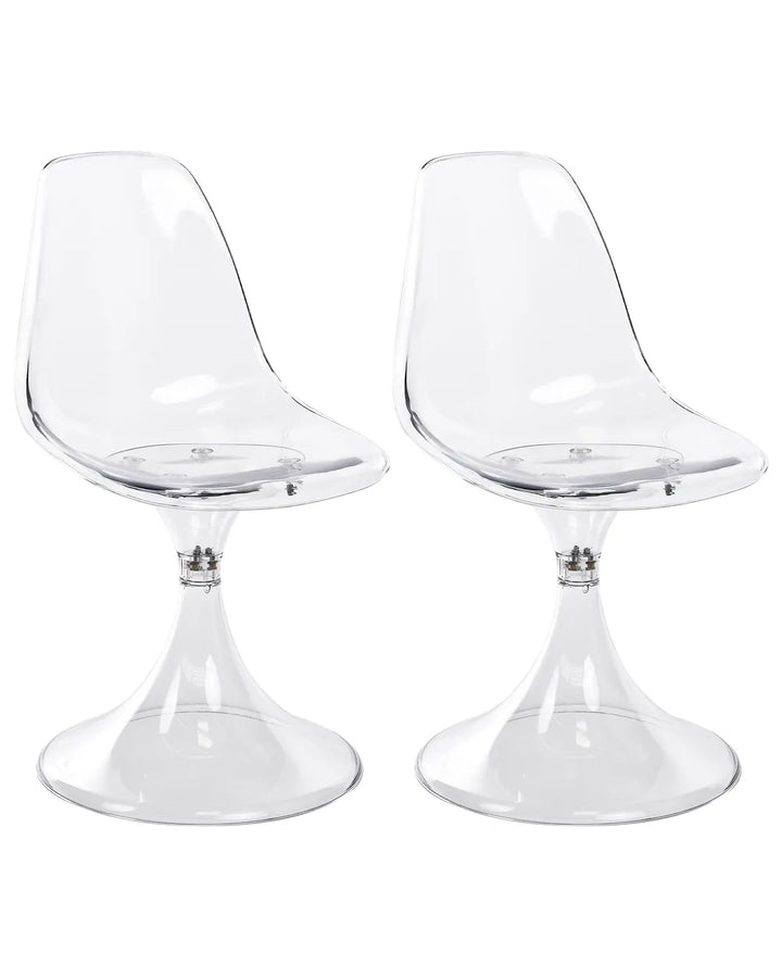 Two clear plastic swivel dining chairs with tulip-style bases, shown side by side on a white background.
