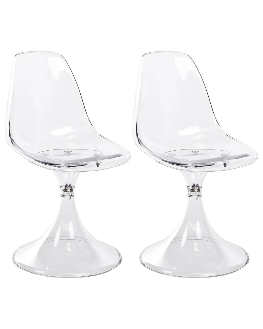 Two clear plastic swivel dining chairs with tulip-style bases, shown side by side on a white background.