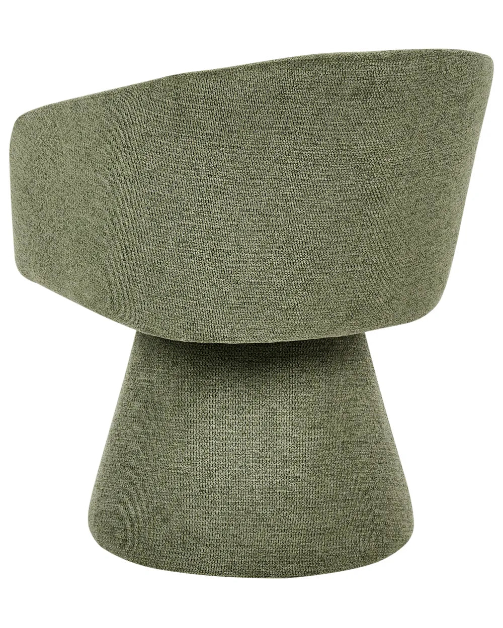 A modern sculptural upholstered chair in a textured olive green fabric, featuring a wide curved seat and a tapered pedestal base, shown against a plain white background.