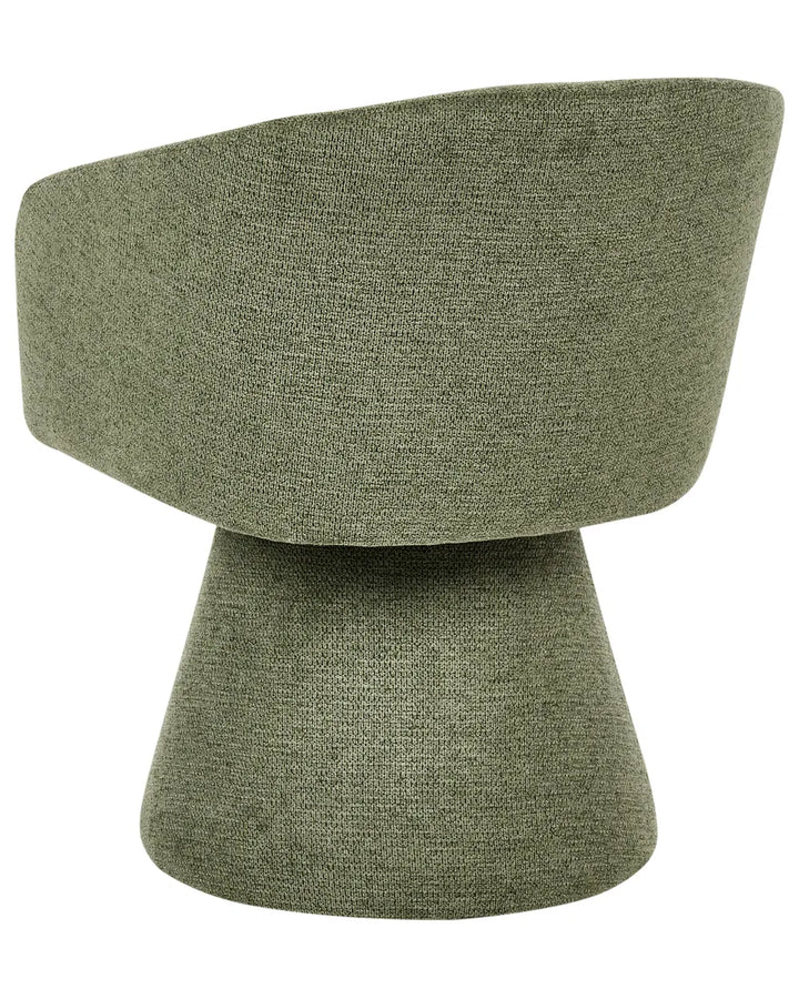 A modern sculptural upholstered chair in a textured olive green fabric, featuring a wide curved seat and a tapered pedestal base, shown against a plain white background.