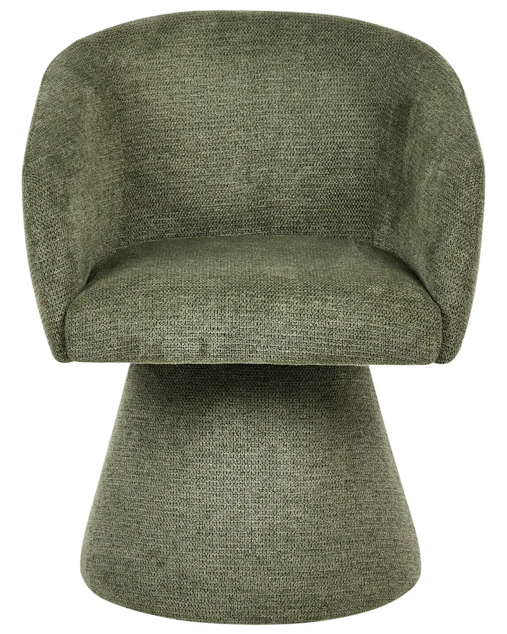 An upholstered accent chair with a rounded backrest, wide armrests, and a flared pedestal base, covered in textured olive green fabric, shown against a plain white background.
