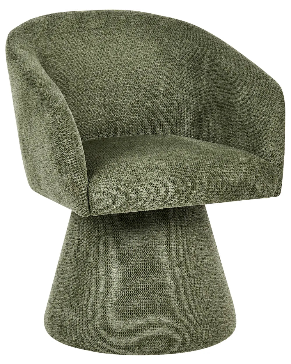 An upholstered accent chair with a rounded backrest and seat, upholstered in textured olive green fabric, set against a plain white background.