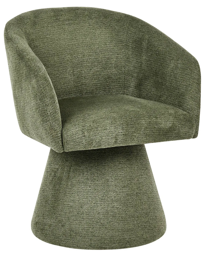 An upholstered accent chair with a rounded backrest and seat, upholstered in textured olive green fabric, set against a plain white background.