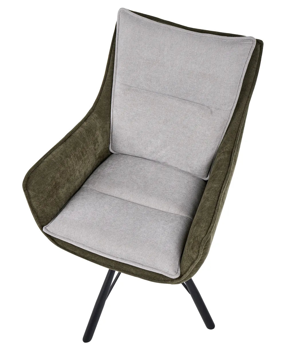 A modern accent chair featuring a light gray fabric seat and back cushion with an olive green velvet armrests and frame, supported by slim black metal legs, shown on a plain white background.