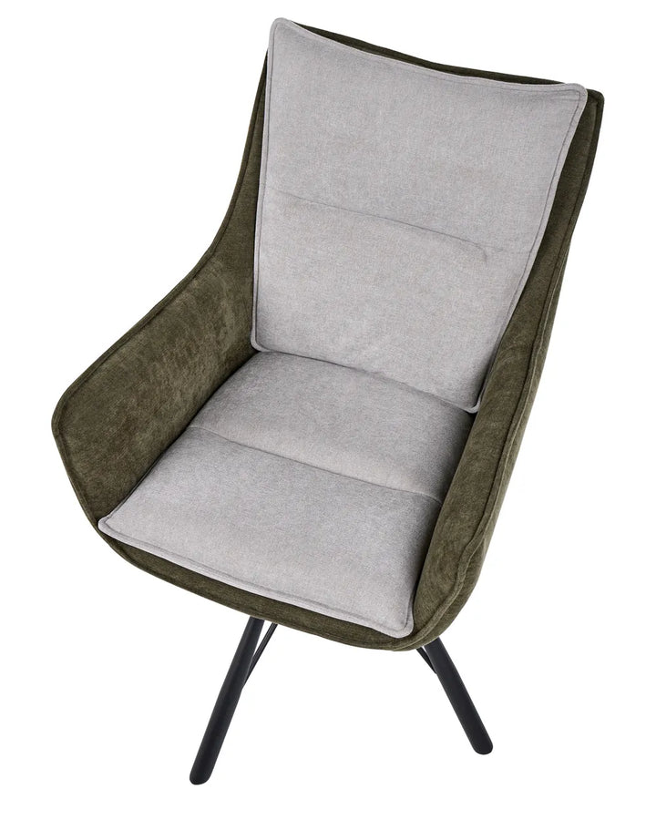 A modern accent chair featuring a light gray fabric seat and back cushion with an olive green velvet armrests and frame, supported by slim black metal legs, shown on a plain white background.