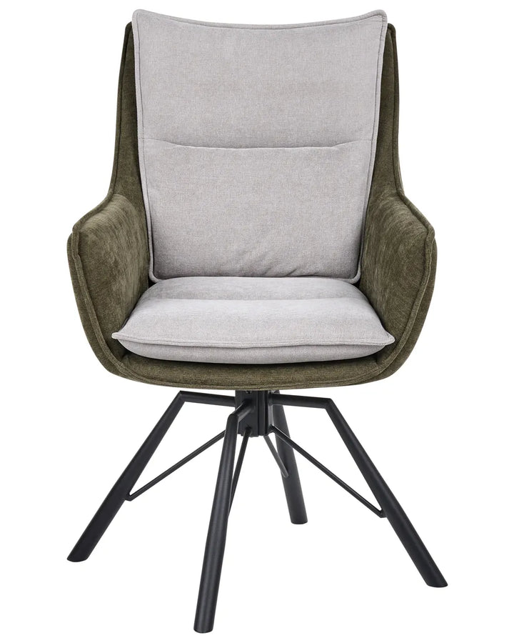 A modern accent chair featuring a light gray fabric seat and back cushion, olive green velvet armrests, and a black metal swivel base, shown against a plain white background.
