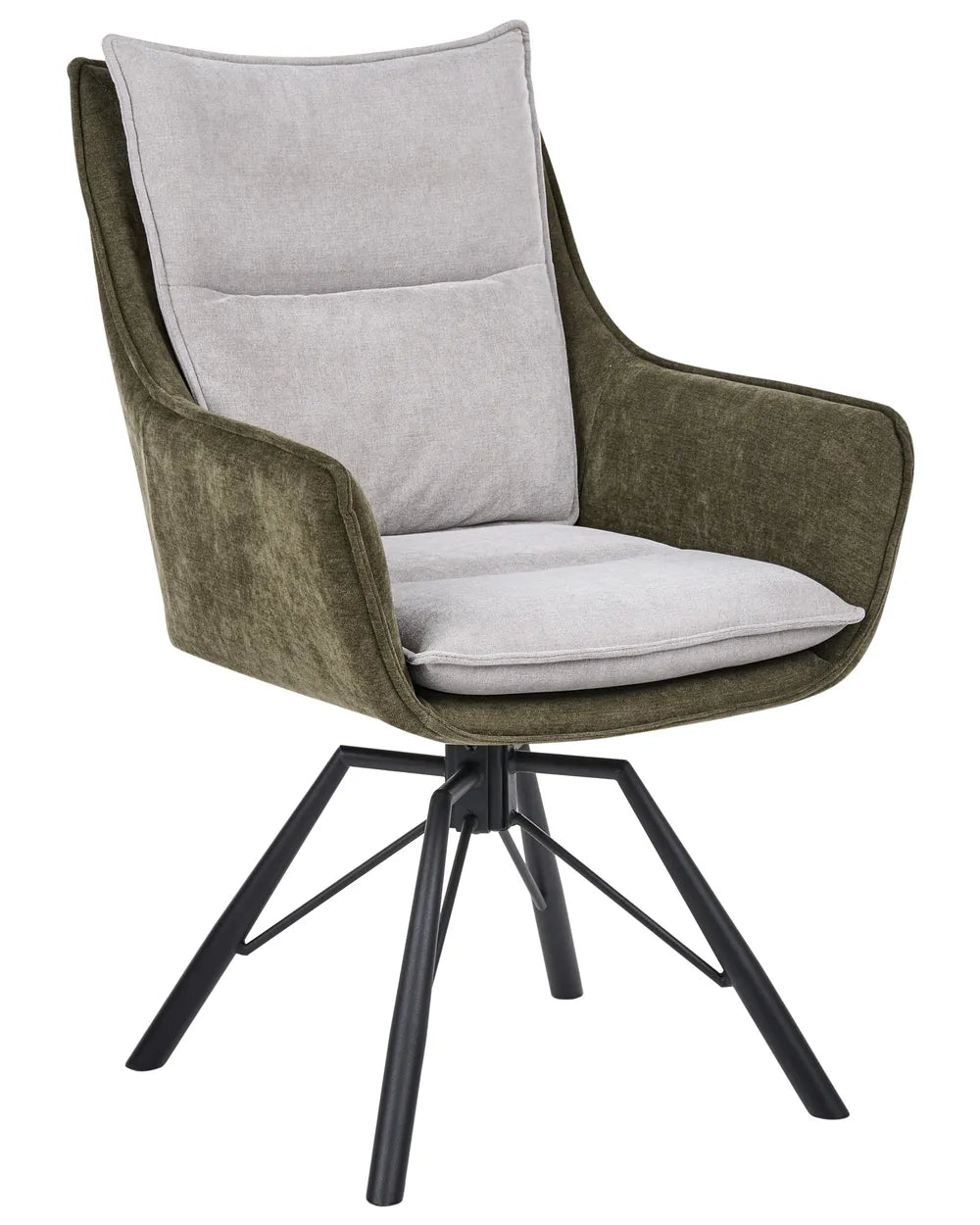 A modern swivel dining chair with an olive green velvet upholstered frame, light gray fabric cushions on the backrest and seat, and a black metal four-star base, shown against a plain white background.