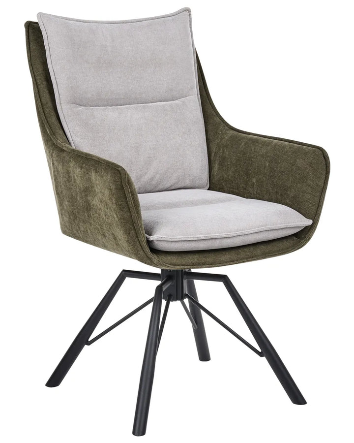 A modern swivel dining chair with an olive green velvet upholstered frame, light gray fabric cushions on the backrest and seat, and a black metal four-star base, shown against a plain white background.