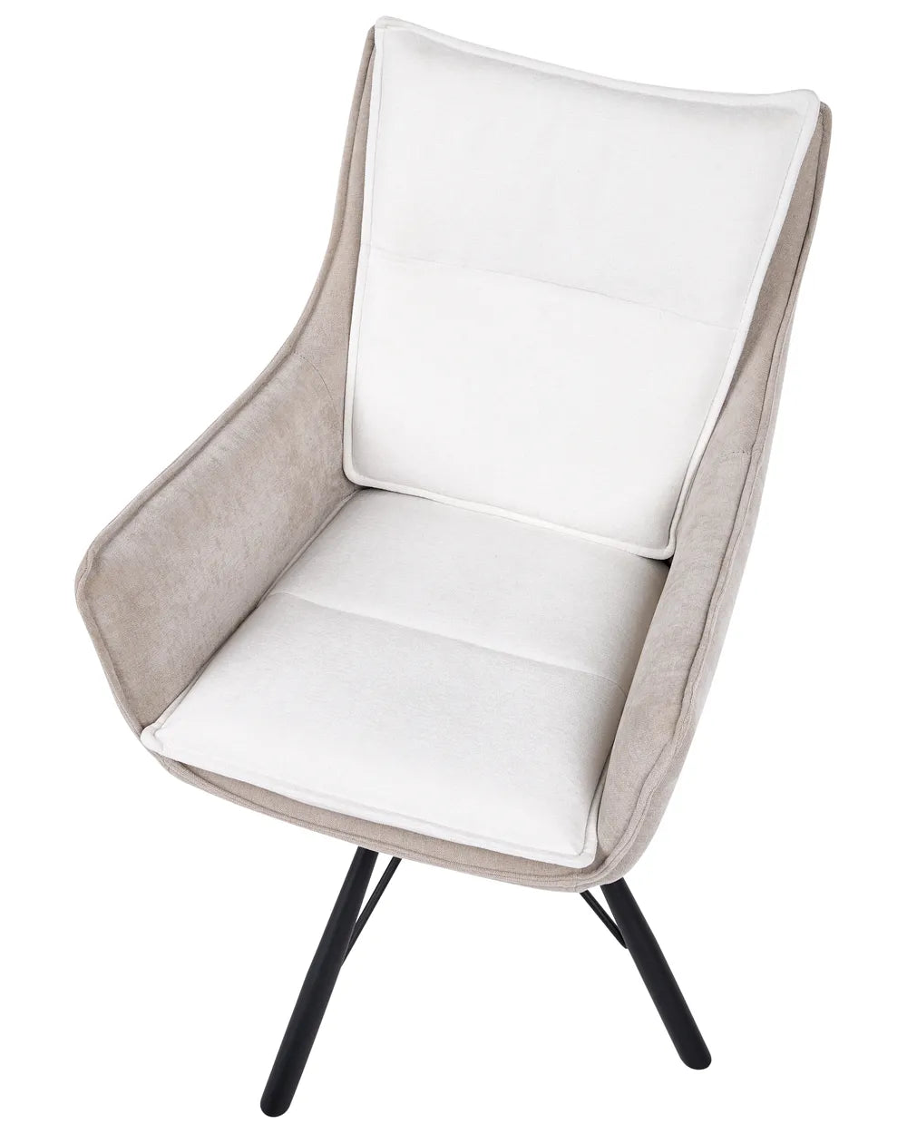 A modern accent chair with a light beige velvet frame, white padded seat and back cushions, and black metal legs, shown on a plain white background.