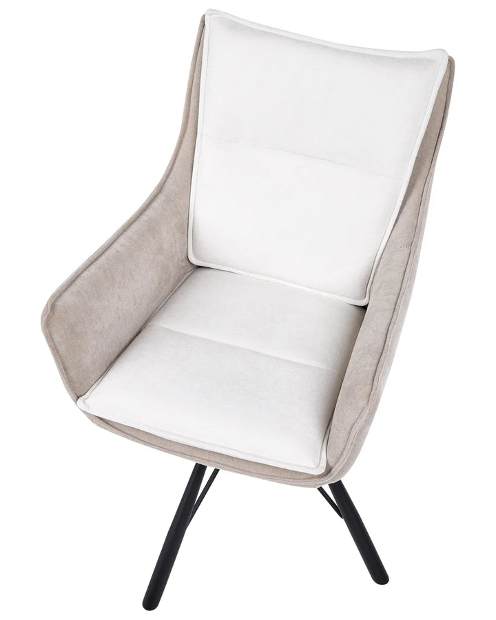 A modern accent chair with a light beige velvet frame, white padded seat and back cushions, and black metal legs, shown on a plain white background.