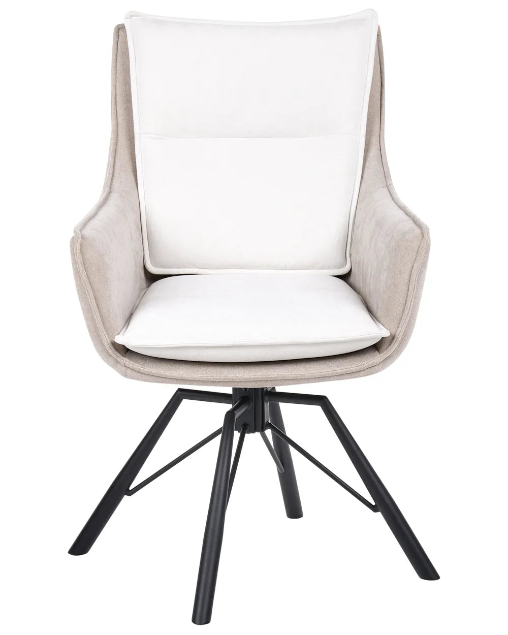 A modern high-back swivel dining chair with a light beige textured fabric frame, white padded seat and back cushions, and a black metal four-star base, shown against a plain white background.