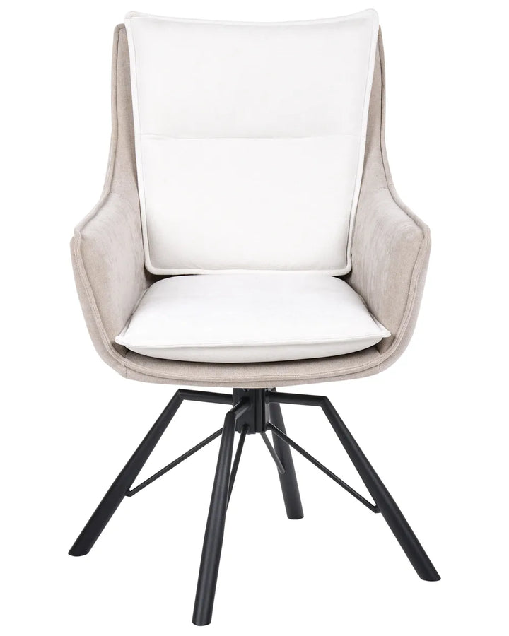 A modern high-back swivel dining chair with a light beige textured fabric frame, white padded seat and back cushions, and a black metal four-star base, shown against a plain white background.