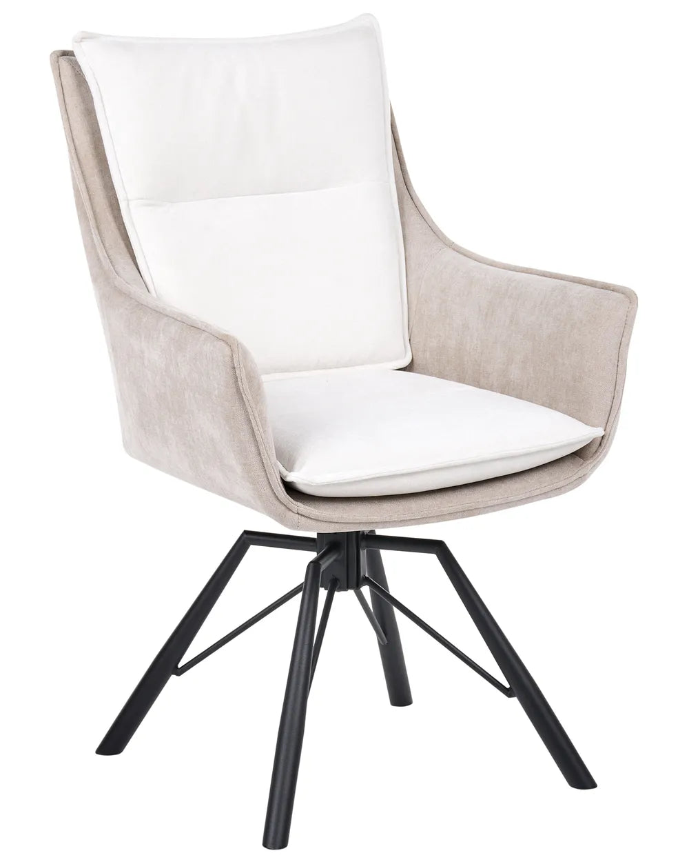 A modern swivel dining chair with a light beige textured fabric frame, white padded backrest, white seat cushion, and black metal legs, shown on a plain white background.