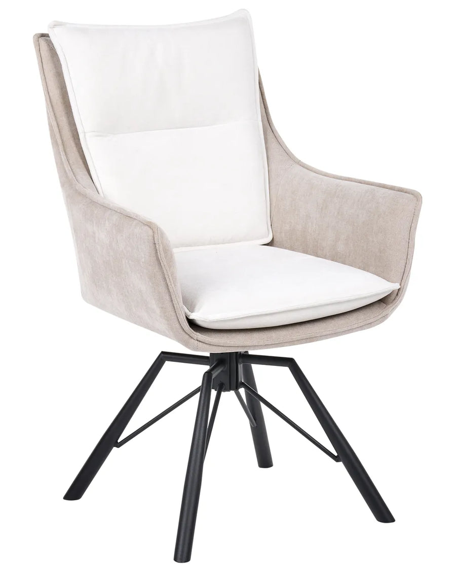 A modern swivel dining chair with a light beige textured fabric frame, white padded backrest, white seat cushion, and black metal legs, shown on a plain white background.