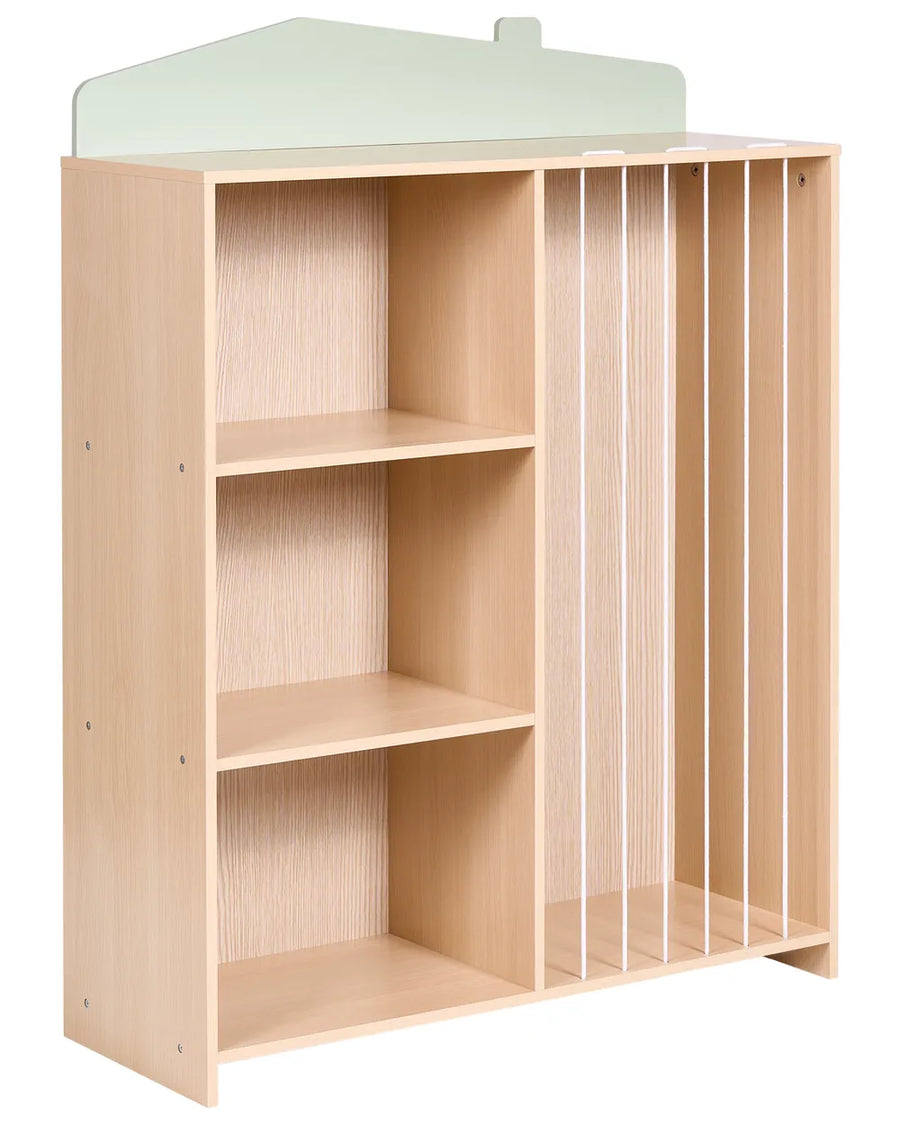 A light natural wood storage cabinet with three open shelves on the left and vertical slat dividers on the right, topped with a matching light wood base and a pale mint-green hanger hook at the top.