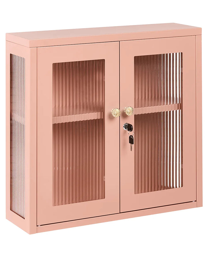 A dusty pink metal storage cabinet with two doors featuring vertical slat panels, a built-in shelf, and a small lock with keys on the right door.