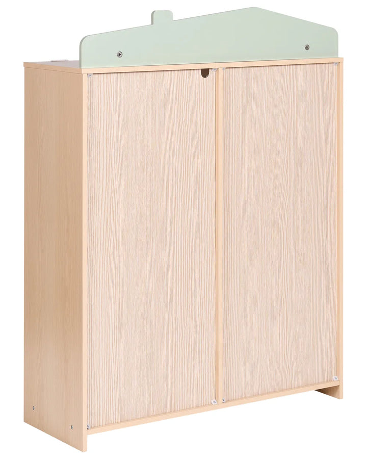 A light wood double-door storage cabinet with a pale sage green top panel, shown on a plain white background.