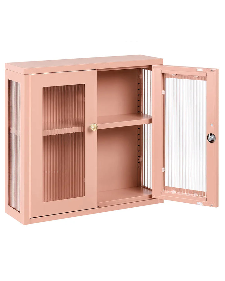 A dusty pink metal storage cabinet with two doors featuring vertical slat panels, a built-in shelf, and a small lock with keys on the right door.