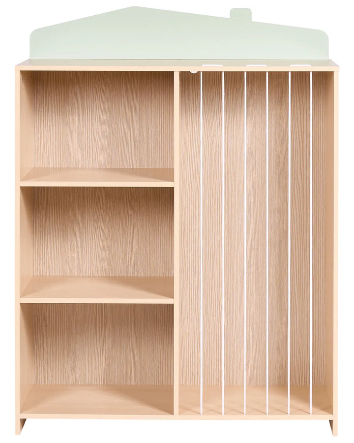 A light wood bookcase with three open shelves on the left and vertical slat panels on the right, topped with a pale mint green house-shaped shelf piece, shown on a white background.