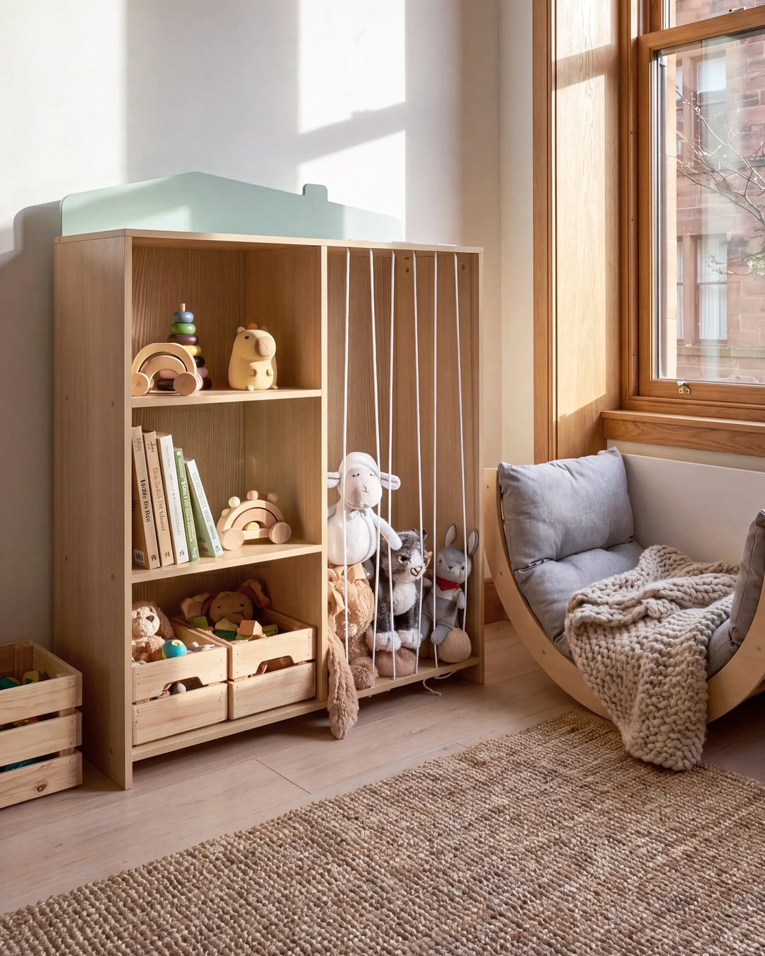 A light natural wood children's room furniture piece in a sunlit nursery, featuring open shelves with toys, a slatted side panel, and a mint green top trim, next to a wooden crescent chair with gray cushions and a knitted throw blanket.