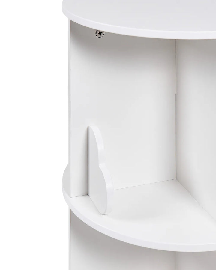 Close-up of a white curved shelf or cabinet corner with a small metal screw visible near the top, photographed on a white background.