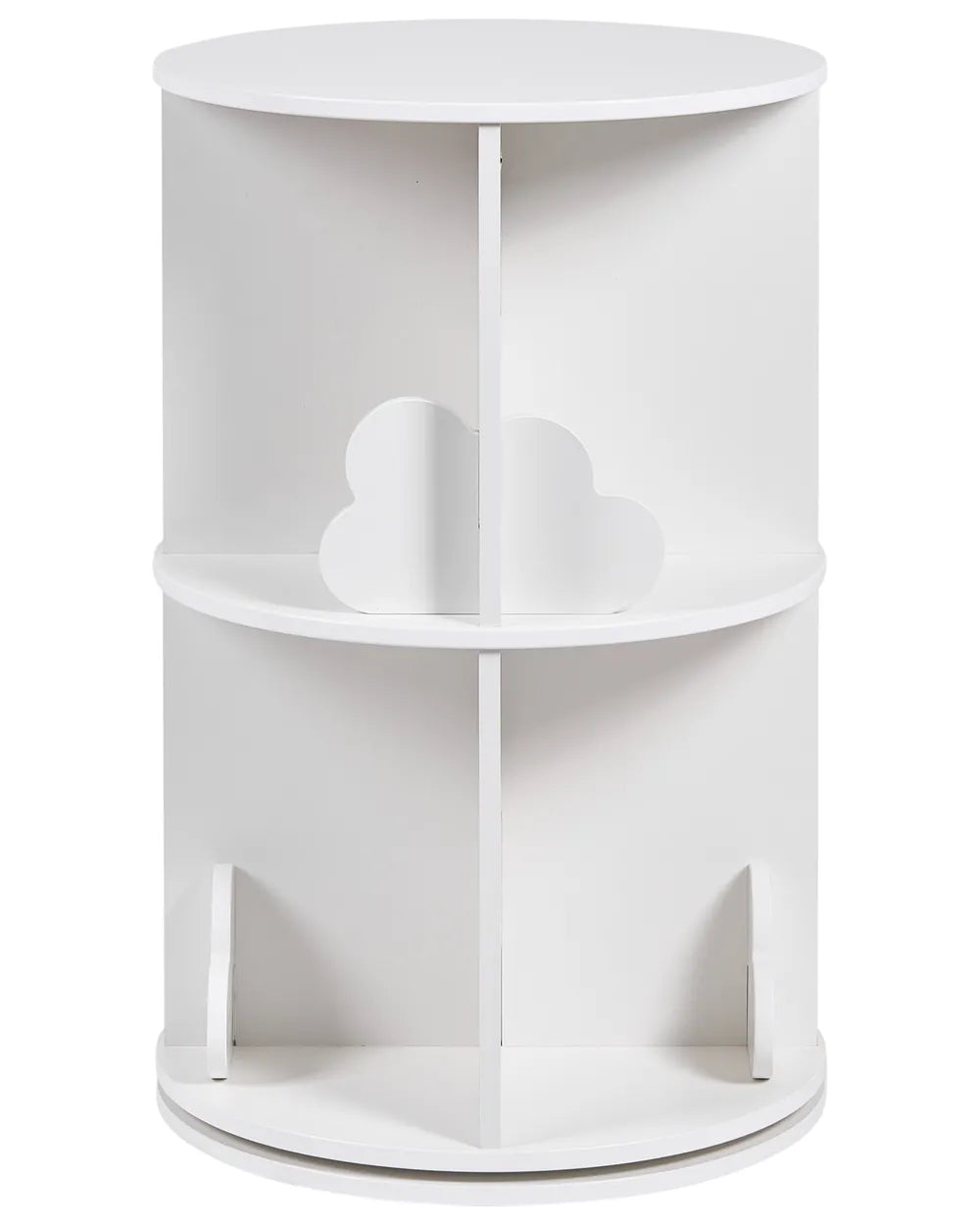 A white cylindrical two-tier shelf with a cloud-shaped decorative cutout on the middle shelf, set against a plain white background.