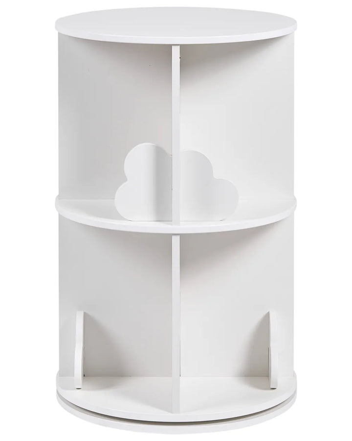 A white cylindrical two-tier shelf with a cloud-shaped decorative cutout on the middle shelf, set against a plain white background.