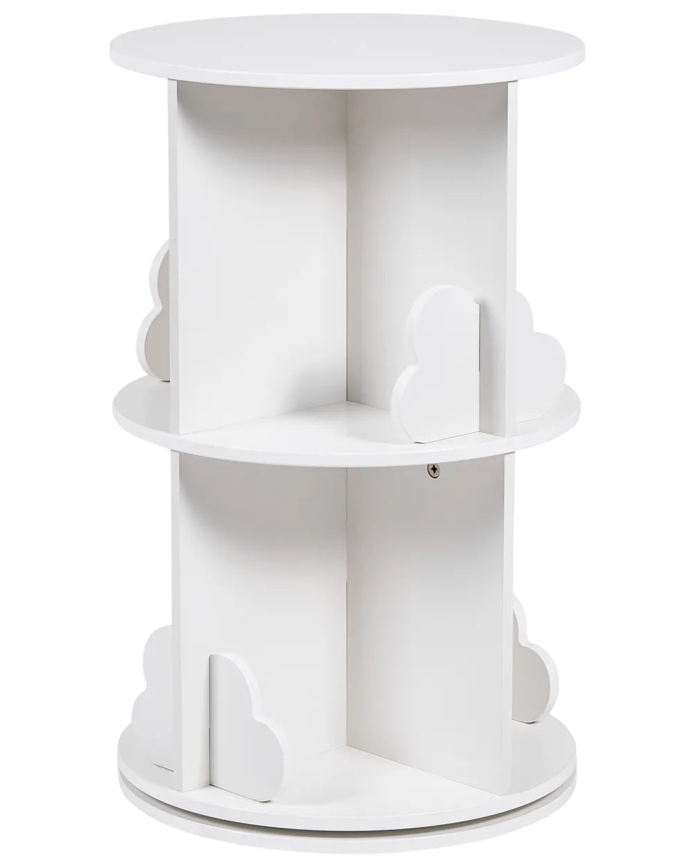 A white two-tier round side table with cloud-shaped cutout details on the sides, shown against a plain white background.