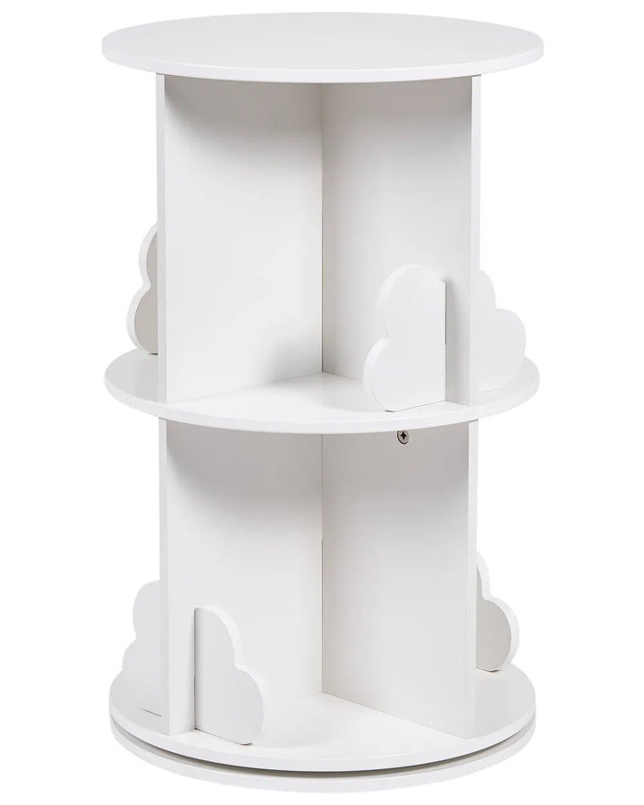 A white two-tier round side table with cloud-shaped cutout details on the sides, shown against a plain white background.