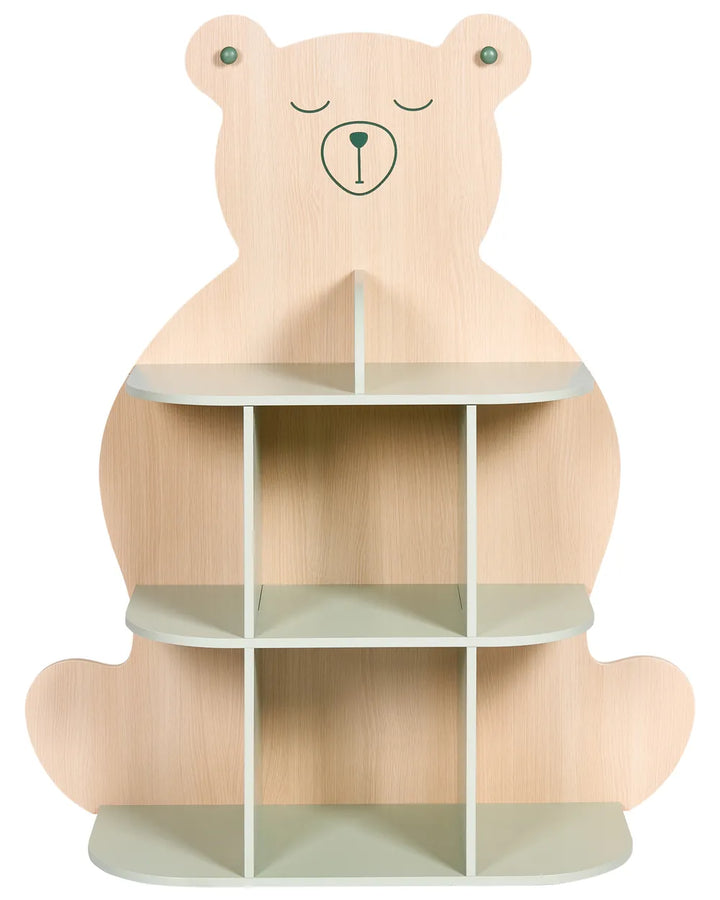 A light natural wood bear-shaped bookshelf with three open shelves and a simple line drawing of a sleeping bear face on the top panel, shown against a plain white background.