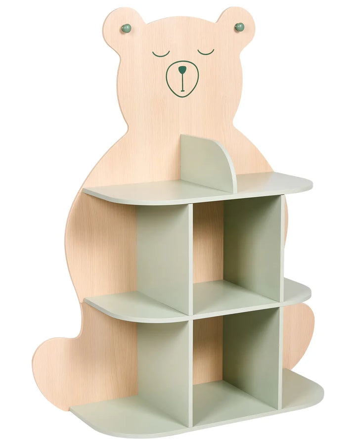 A wooden children's toy bookshelf shaped like a bear, featuring a light natural wood bear body with closed-eye facial details and pale sage green shelves.