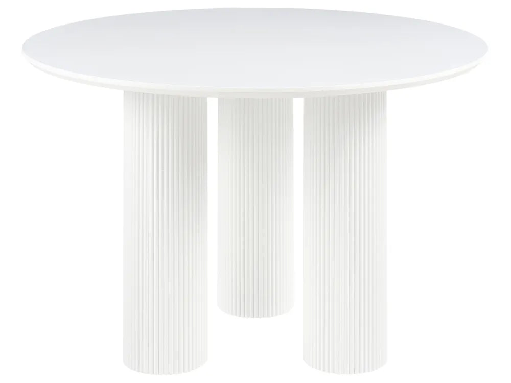 A modern round dining table with a smooth white top and three fluted cylindrical pedestal legs, shown against a plain white background.