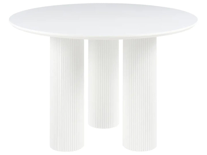 A modern round dining table with a smooth white top and three fluted cylindrical pedestal legs, shown against a plain white background.