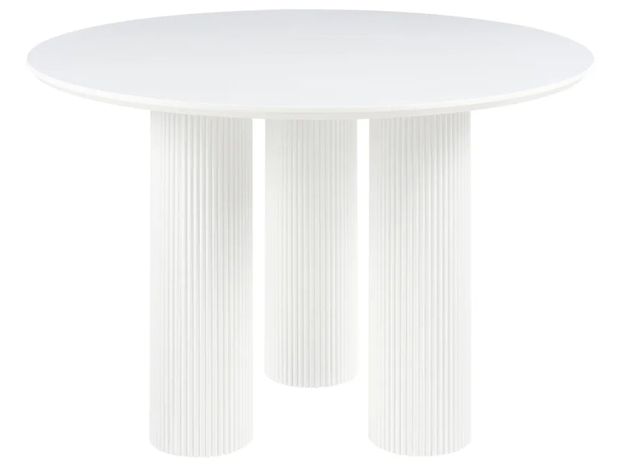 A modern round dining table with a smooth white top and three fluted cylindrical pedestal legs, shown against a plain white background.