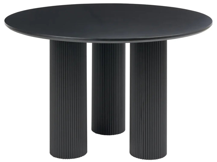 A round black dining table with three fluted cylindrical pedestal legs, shown against a plain white background.