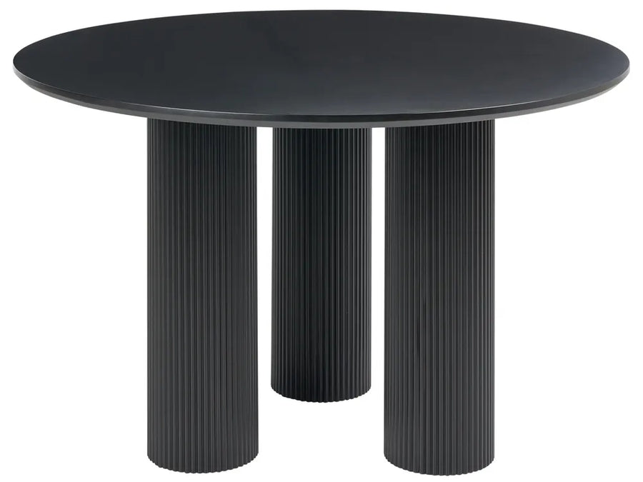 A round black dining table with three fluted cylindrical pedestal legs, shown against a plain white background.