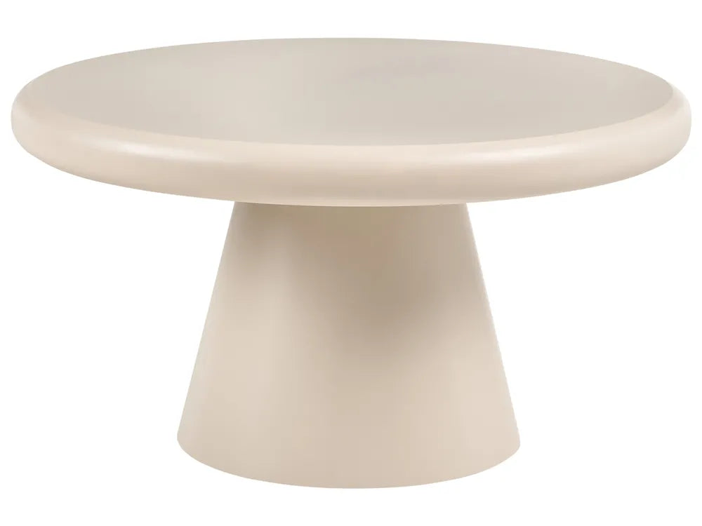 A minimalist round pedestal table in a warm cream or off-white finish, shown against a solid white background.