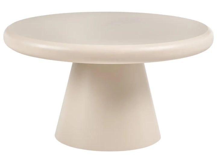 A minimalist round pedestal table in a warm cream or off-white finish, shown against a solid white background.