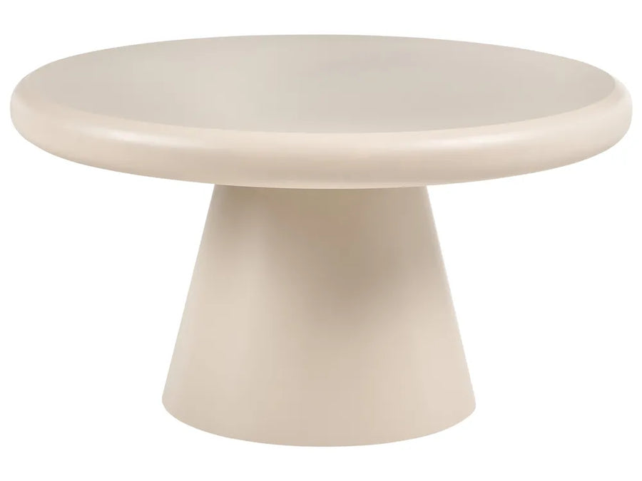 A minimalist round pedestal table in a warm cream or off-white finish, shown against a solid white background.