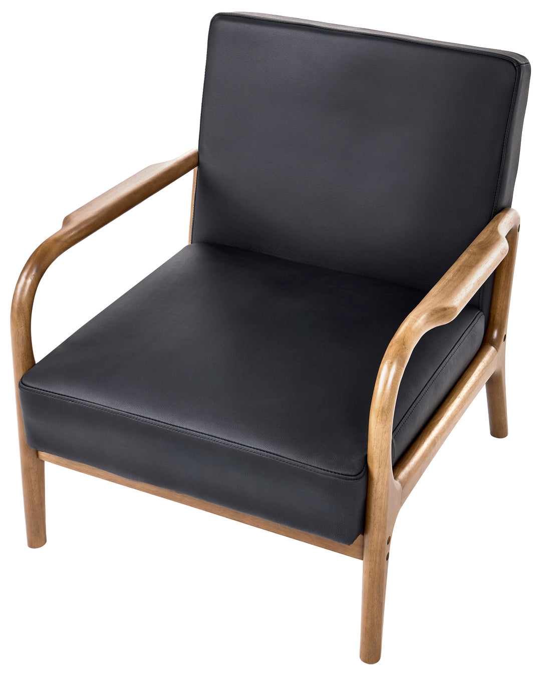 A modern armchair with black leather or faux-leather cushions and a light natural wood frame, shown on a plain white background.