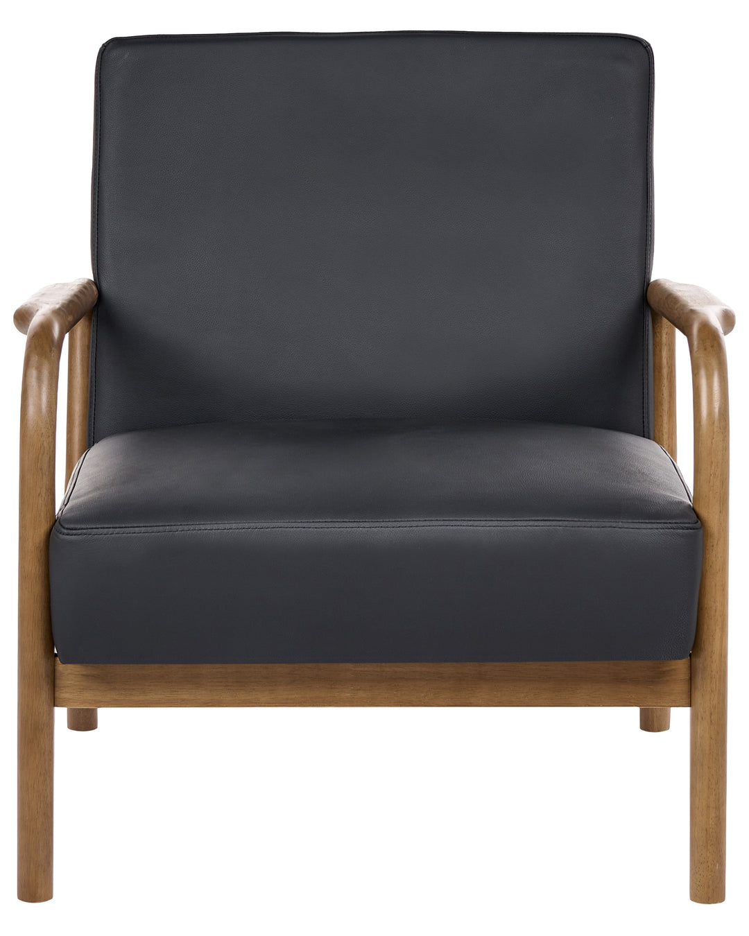 A modern armchair with black upholstered seat and back cushions and a curved light brown wooden frame, shown against a plain white background.