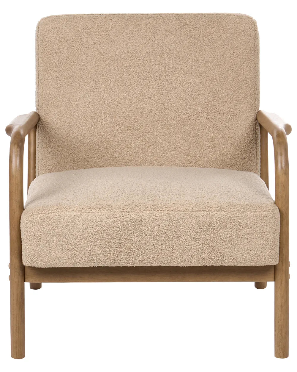 A modern armchair with a textured beige bouclé fabric upholstery and a light brown wooden frame, shown from a front-facing perspective against a plain white background.