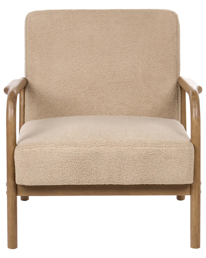 A modern armchair with a textured beige bouclé fabric upholstery and a light brown wooden frame, shown from a front-facing perspective against a plain white background.