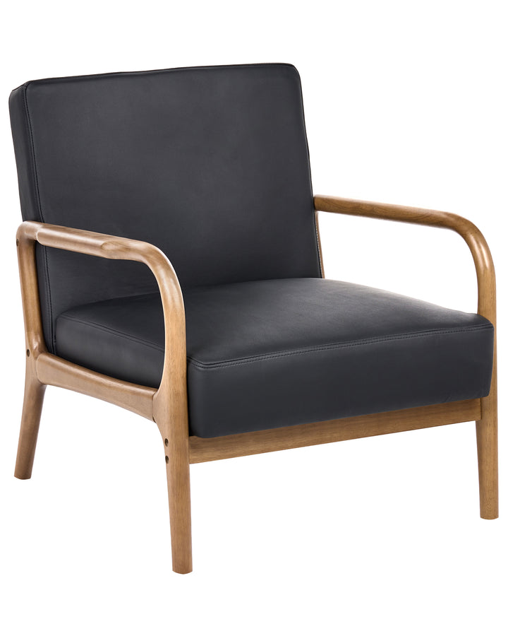 A mid-century modern accent chair featuring a black leather or faux-leather cushioned seat and backrest with a natural light brown wooden frame and armrests, shown against a plain white background.