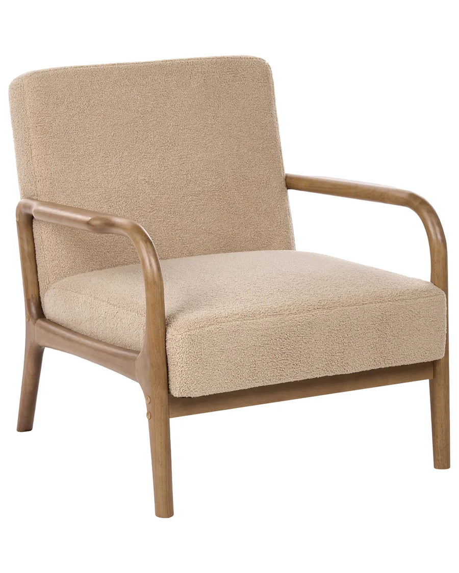 A modern accent chair featuring textured beige bouclé upholstery on the seat and backrest, supported by a curved medium-brown wooden frame with tapered legs.